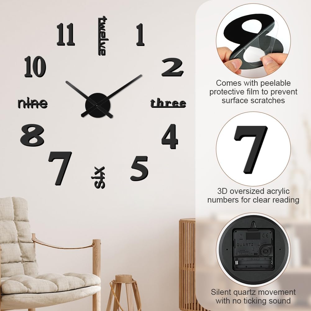 Detalle 2 de Aolso 3d Diy -Black Frameless 3D Wall Clock with Silent Movement