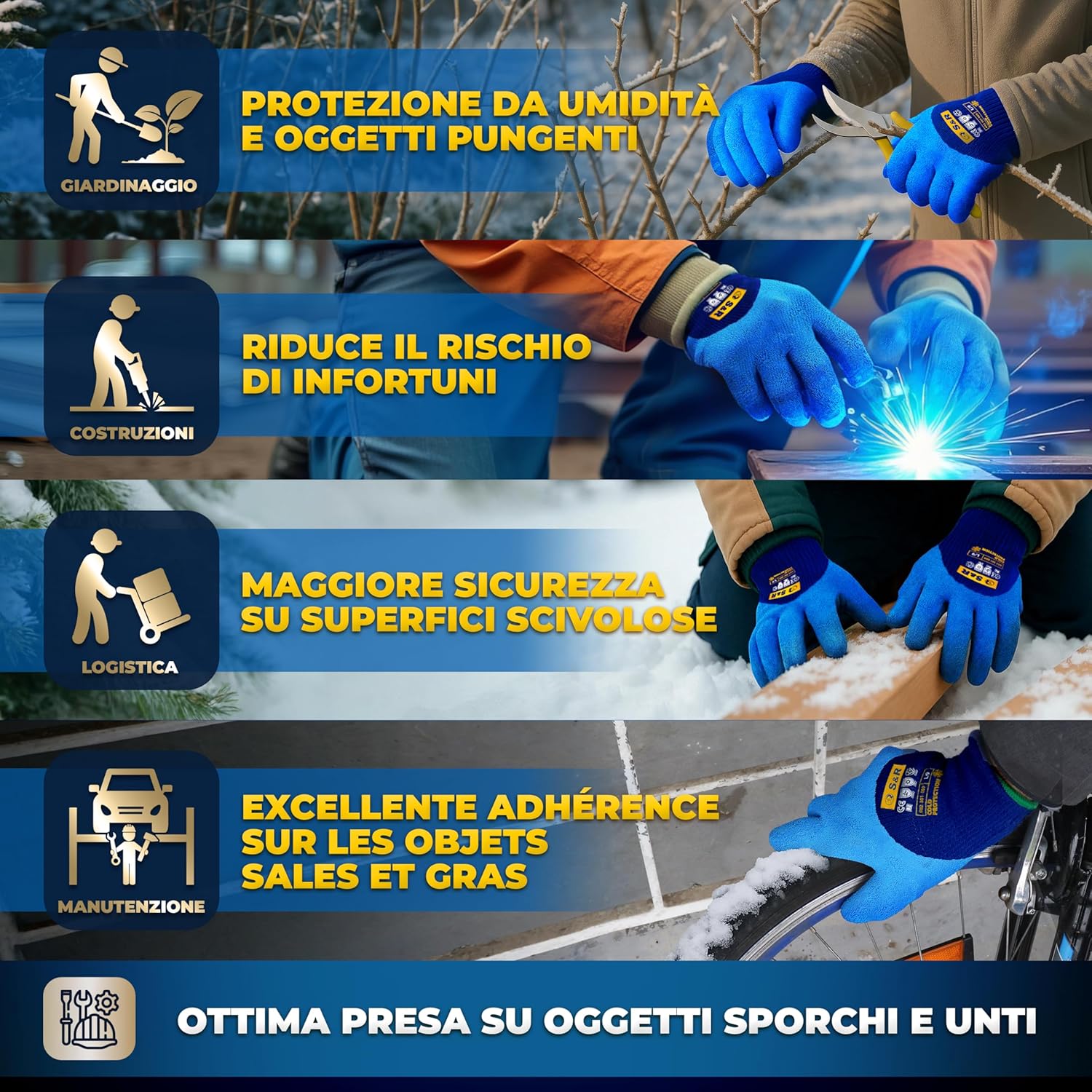 Detalle de S&R Guanti da Lavoro Invernali Termici - 2 Paia, Taglia L/9, fodera acrilica calda, rivestimento lattice idrorepellente