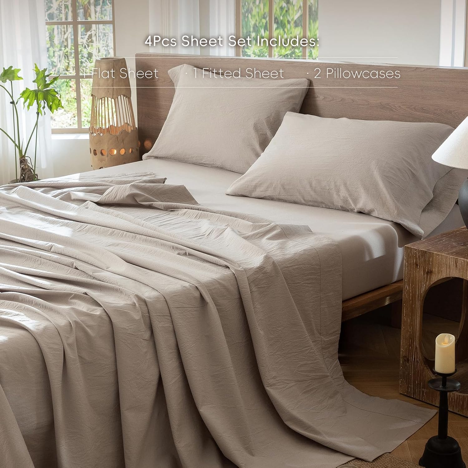 Detalle 2 de MOOMEE MooMee 100% Washed Cotton Sheet Set (Queen, Heathered Cream Grey)