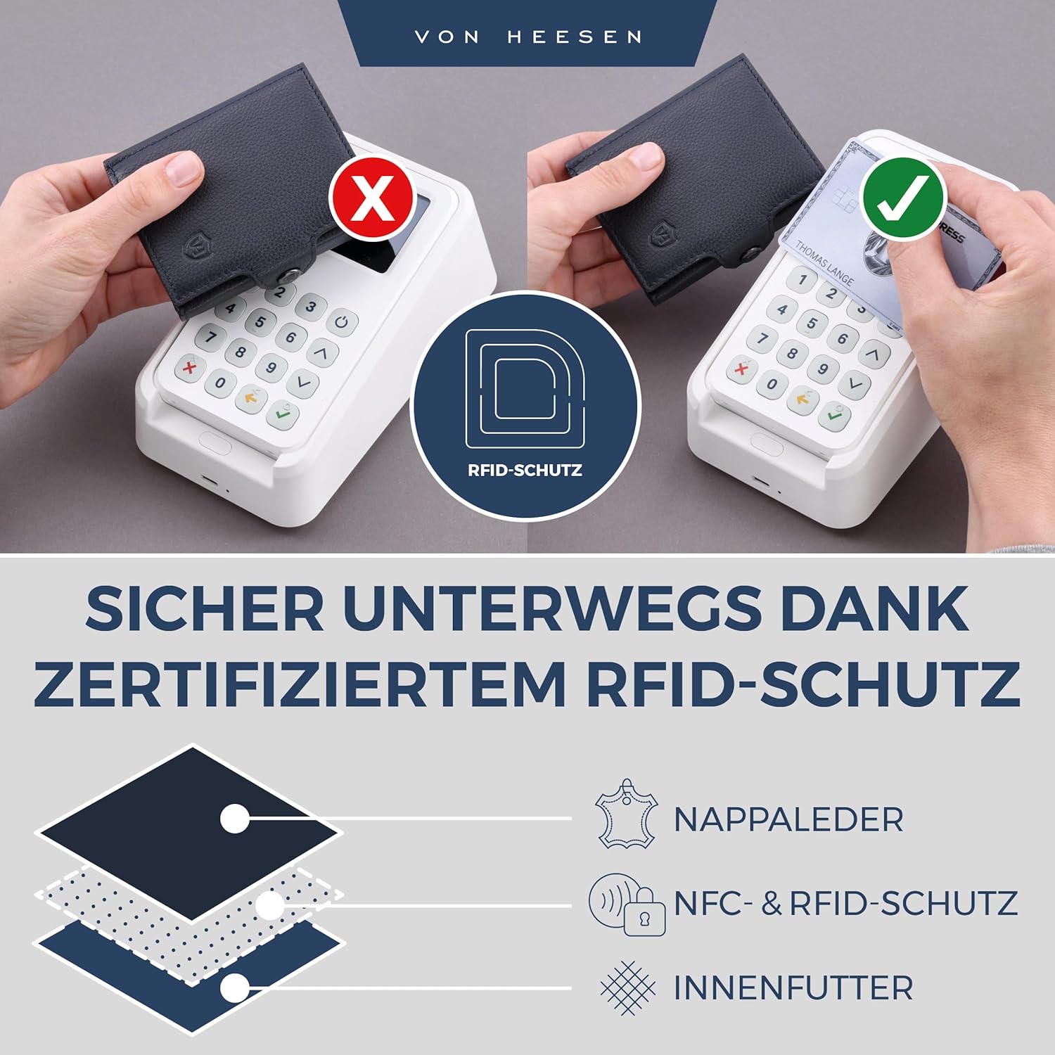 Thumbnail 2 de VON HEESEN Slim Wallet mit XL Münzfach & RFID-Schutz – Mini Geldbörse aus Nappa-Leder, Blau