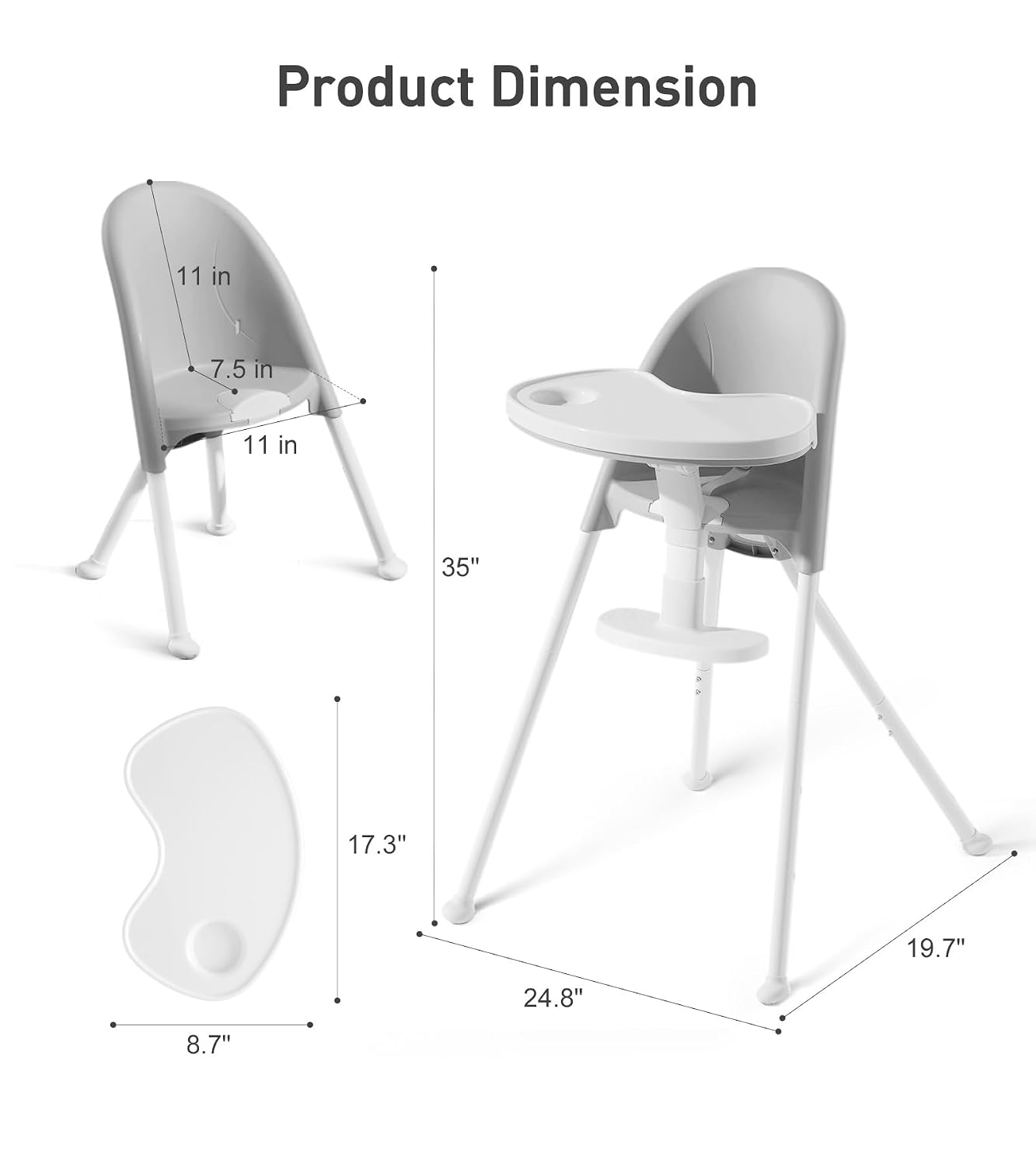 Thumbnail 3 de Mallify Foldable High Chair, 3-in-1 Convertible Baby Feeding Chair, Gray