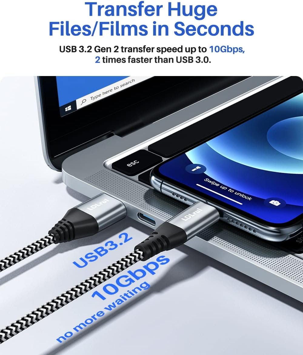 Detalle de LDLrui USB A to USB C 3.1 Gen 2 Cable (6ft, 2-Pack) — 10Gbps Data, 3A Fast Charge