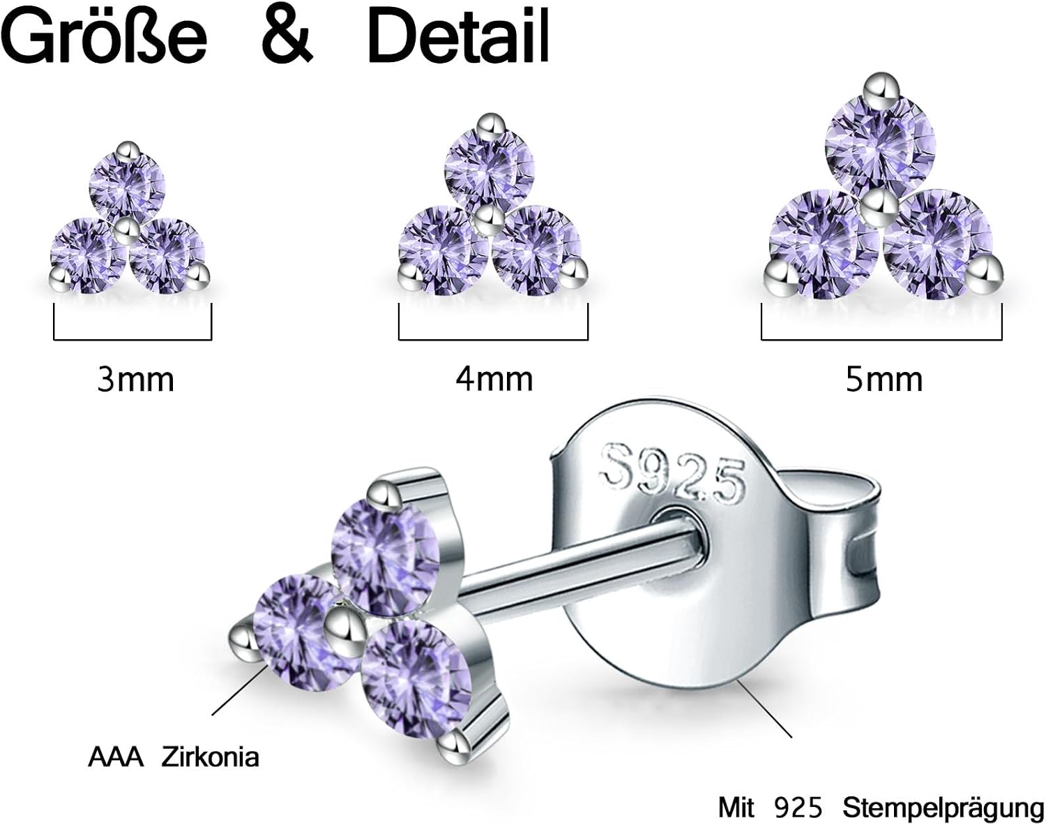 Detalle 2 de MASOP Ohrstecker Silber 925 Gold/Rosegold Set – 3 Paar mit Zirkonia (3 mm/4 mm/5 mm)