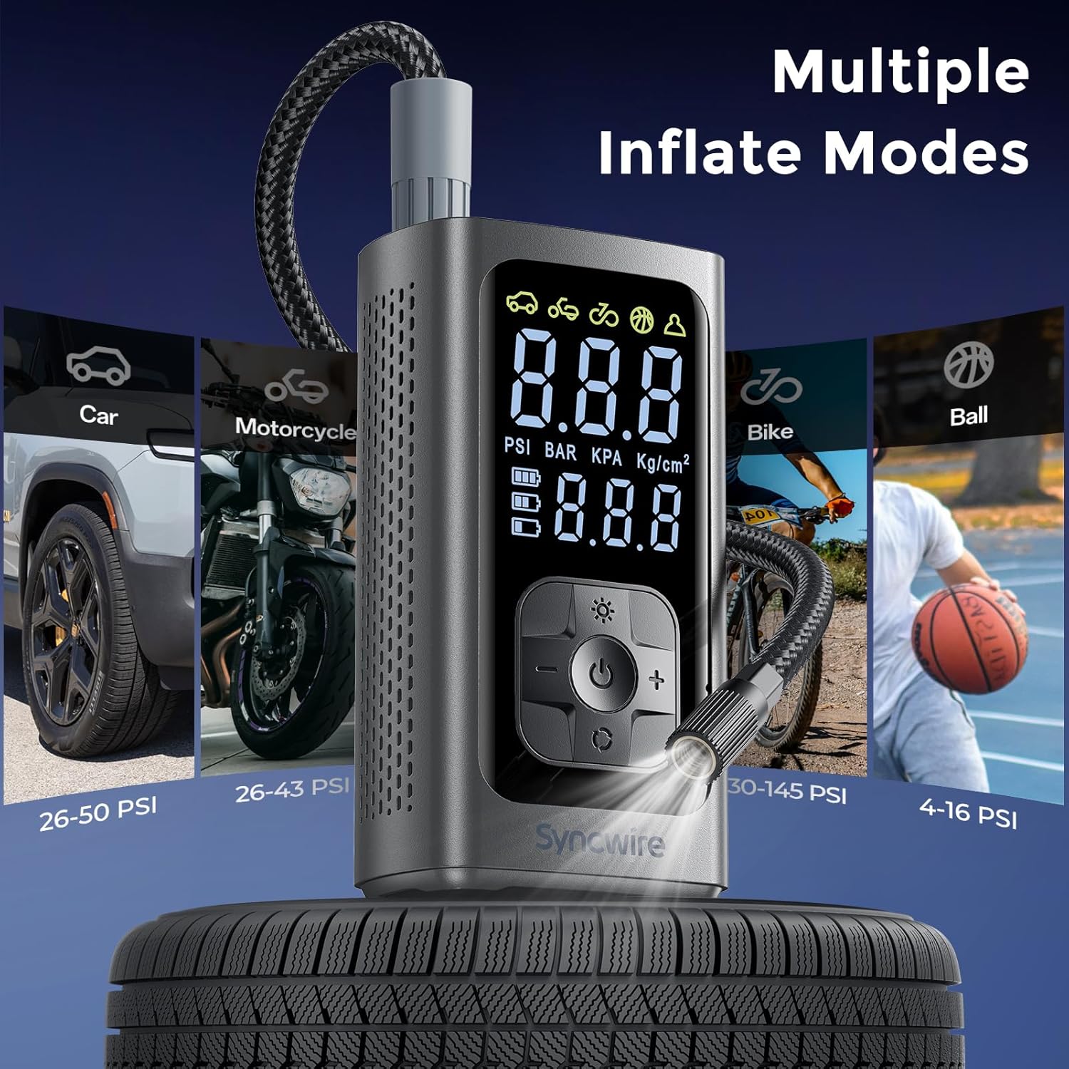 Detalle de Syncwire Tyre Inflator Portable Air Compressor – 150PSI, 2x Speed, Auto-Off