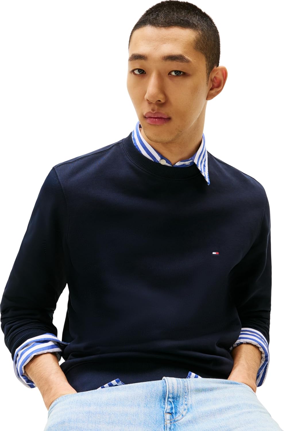 Detalle de Tommy Hilfiger Uomo Felpa Essential Terry Crewneck con Scollo Rotondo, Blu Desert Sky, XS