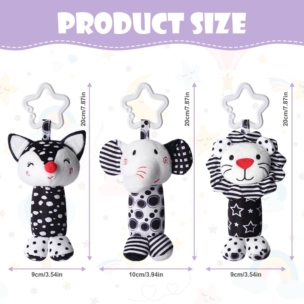 Thumbnail 1 de Aolso 3 Pack Clip on Pram Baby Toys – Sensory Hanging Rattles with Black & White Cartoons