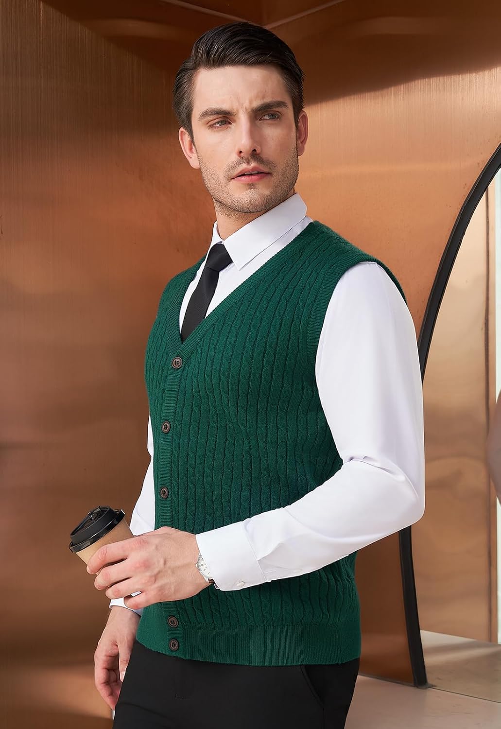 Thumbnail 3 de KUYIGO Men's V Neck Knitted Gilet Vest with Buttons – Premium Cable-Knit Tank Top