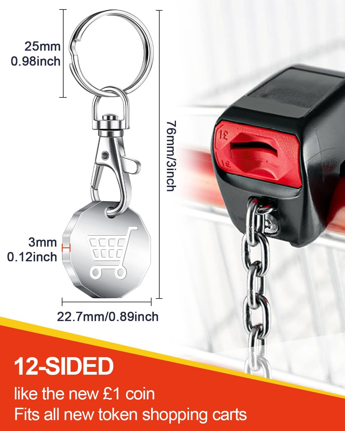 Thumbnail 2 de Caianwin Trolley Token Stainless Steel Trolley Coin – 12-Sided UK Pound Keyring (2 Pack) for Removable Trolleys