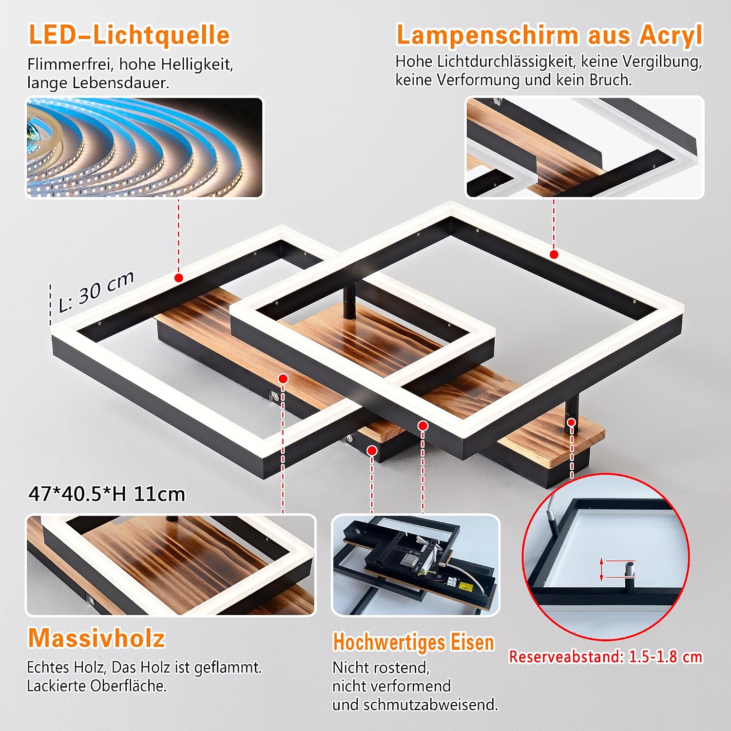 Detalle de SEATAIN LED Deckenleuchte Holz dimmbar (47 cm) mit Fernbedienung, Memory-Funktion & Nachtlicht