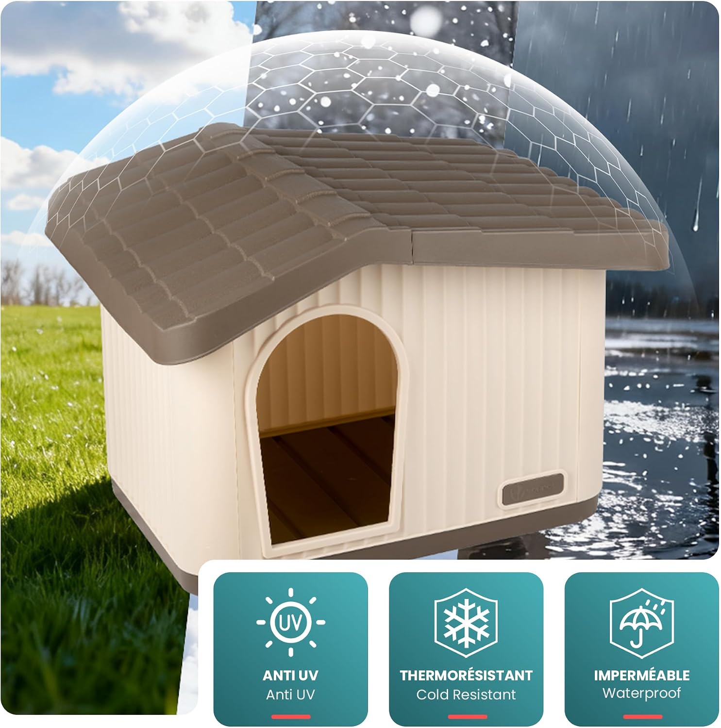 Detalle 2 de VOUNOT Katzenhaus & Hundehütte Indoor Outdoor – wetterfestes Refugium für Katze, Hund oder Kaninchen (75 × 63 × 51 cm)