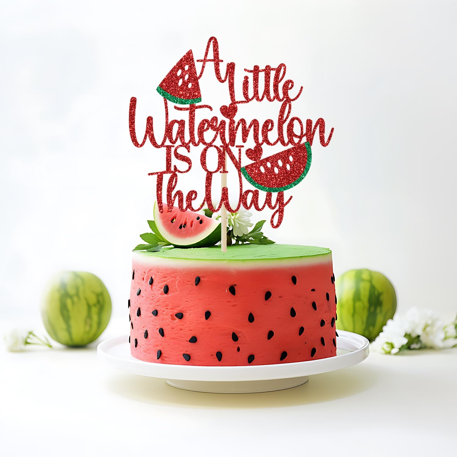 Detalle de Calarjeta A Little Watermelon Is on the Way Cake Topper, Red Glitter Paper, 5.9 x 4.2 Inches