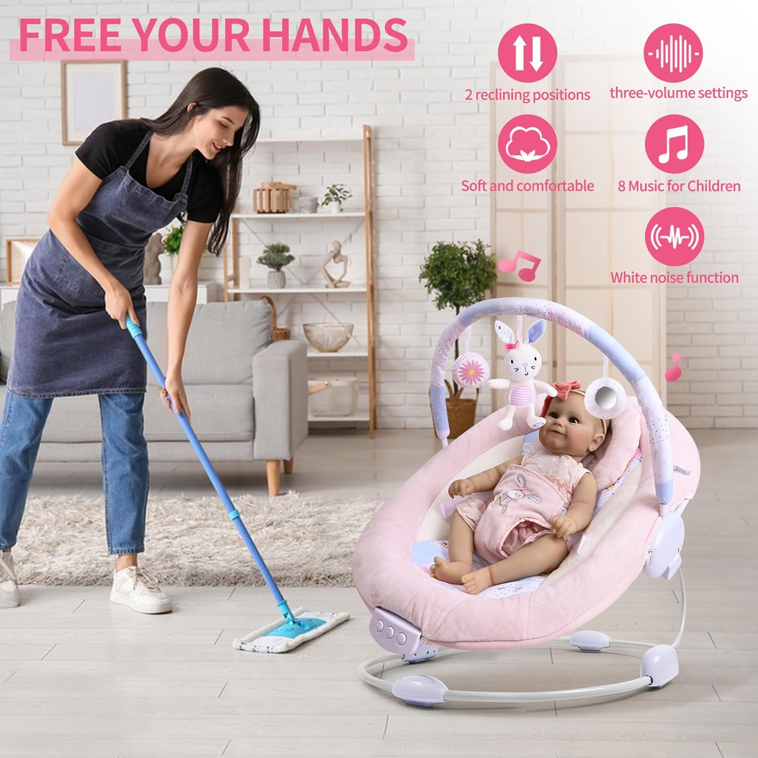Thumbnail 1 de LADIDA Soft and Padded Baby Bouncer with Soothing Music and Vibration (Pretty Pink Rabbit Theme)