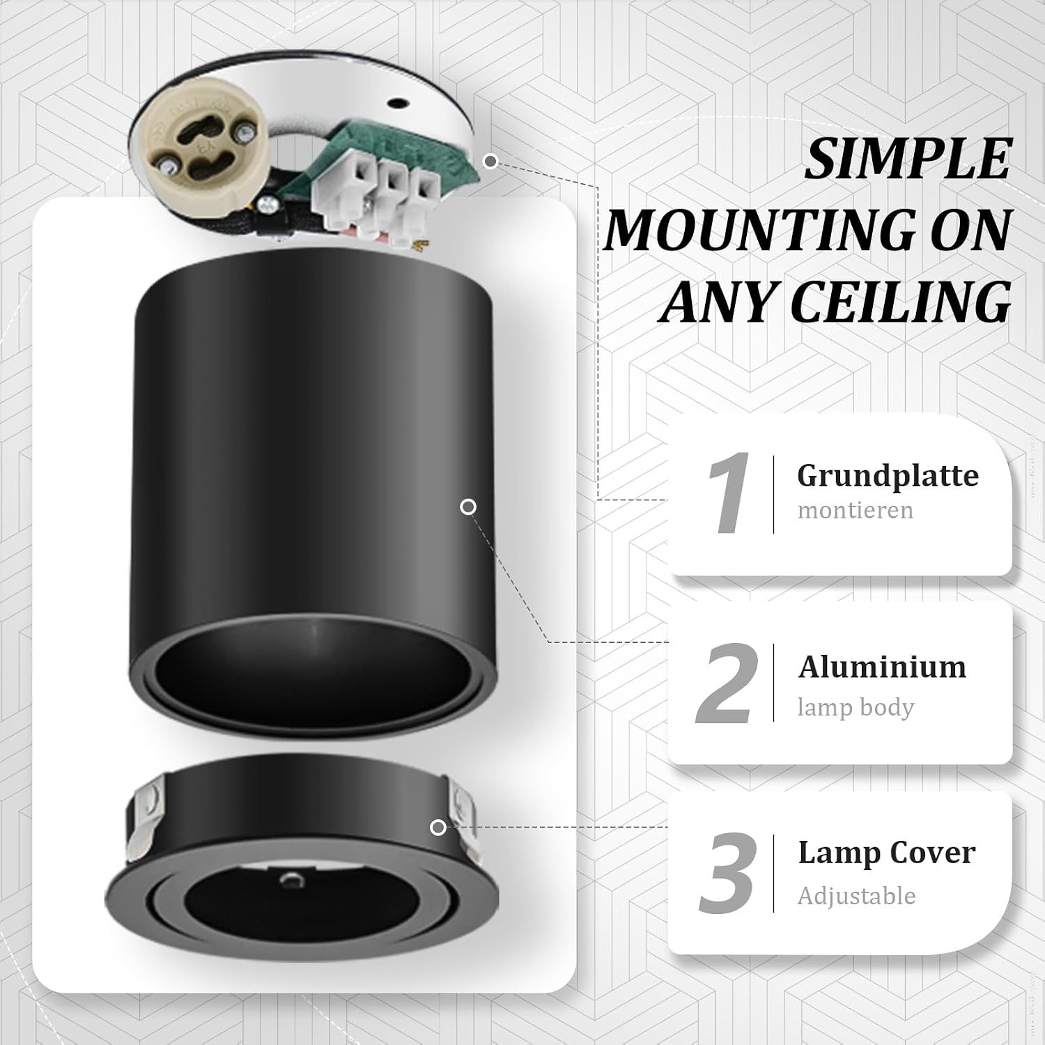 Thumbnail 5 de GeyouLux Aufbauspot GU10 mit 30° Schwenkfunktion (schwarz), Aluminium-Aufputz-Deckenspots für 230 V – ohne Leuchtmittel