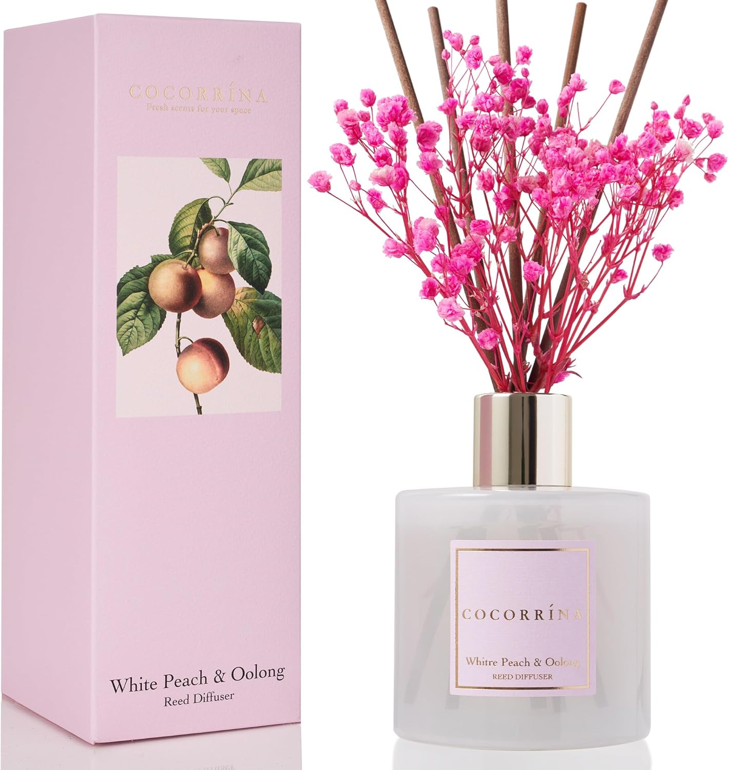 Cocorrína White Peach & Oolong Reed Diffuser Set (6.7 oz) with 8 Sticks