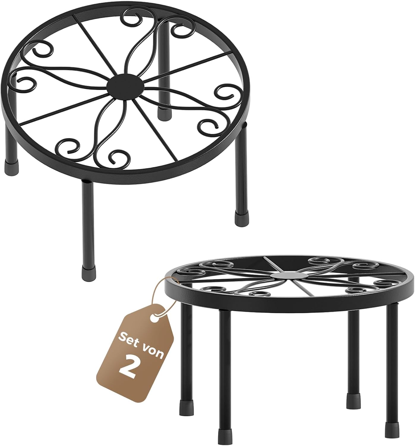 Bamworld Blumenständer Metall Schwarz 2er-Set – runde Pflanzenhocker für Balkon & Wohnzimmer