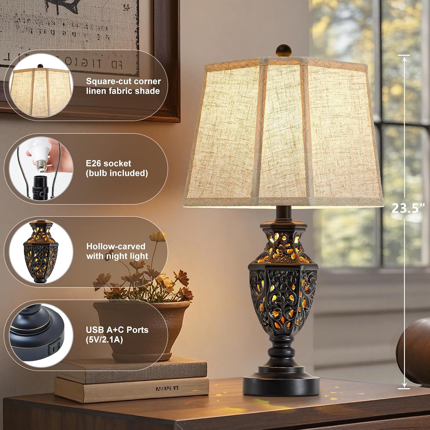 Thumbnail 5 de EJIAXIN 23.5" Bedside Lamp Set with USB C+A