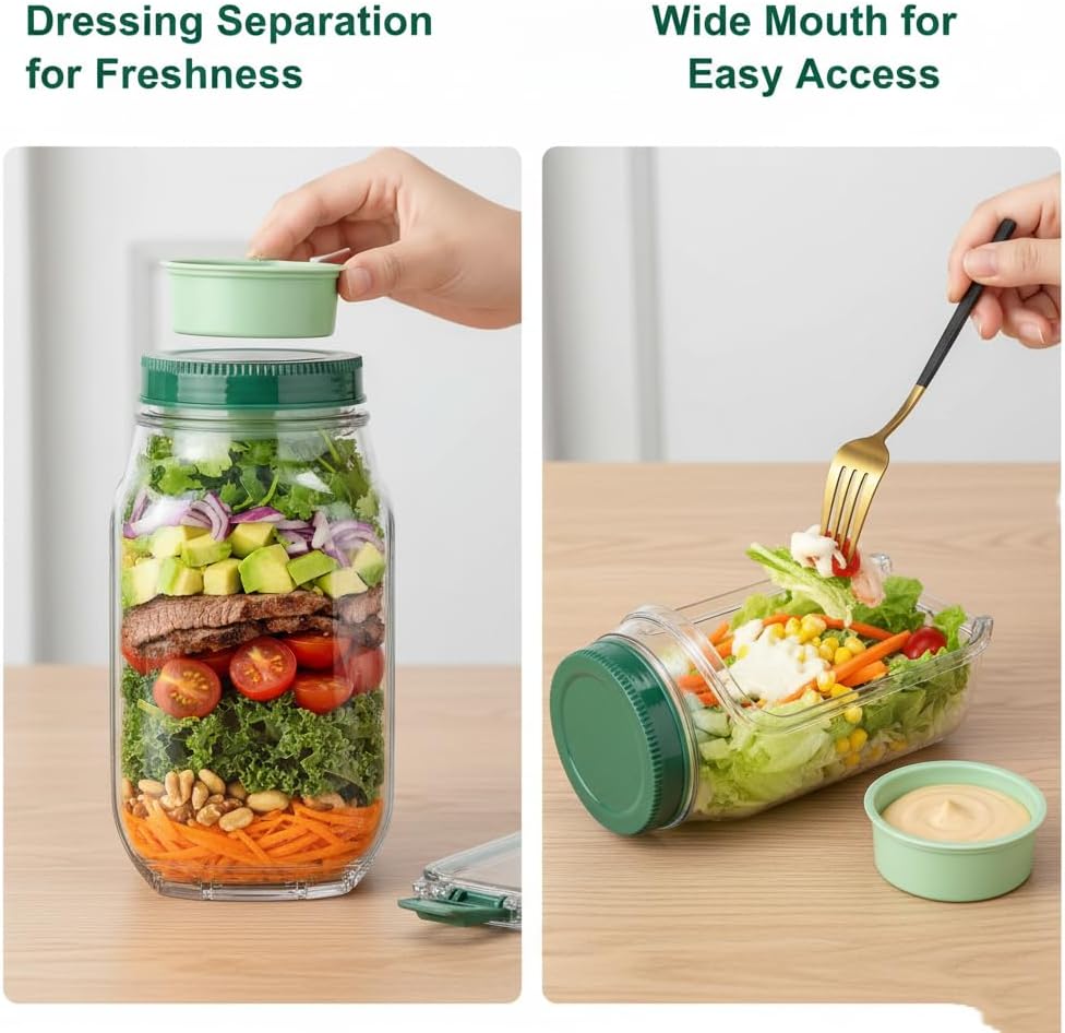 Detalle 2 de VIVIZEN Salad Pod Mason Jar Side Open with Leakproof Dressing Container (1 jar)