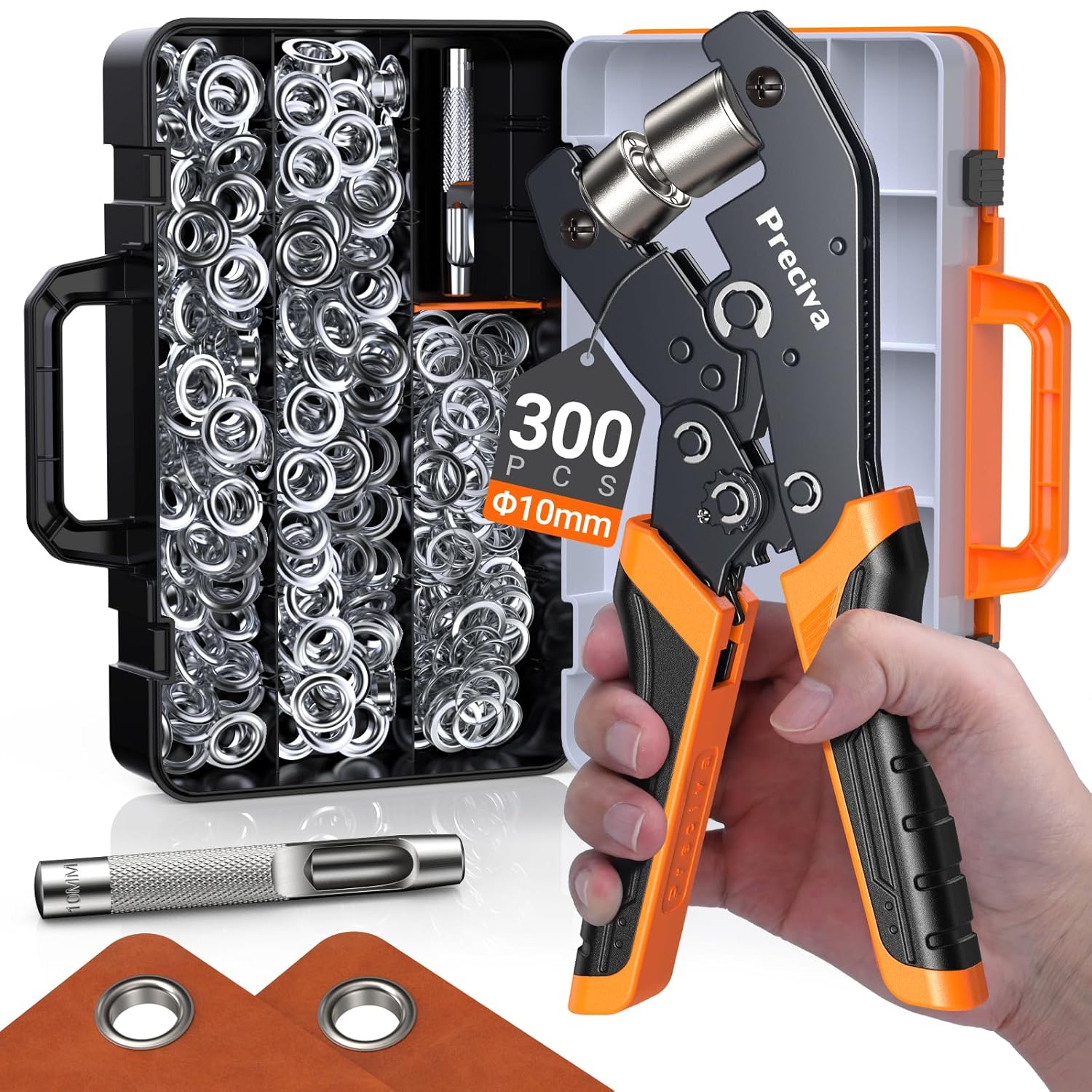 Detalle de Preciva Eyelet Punch Kit 10mm Grommet Tool Set with Ratchet – 300 Eyelets, 10mm Punch, Case