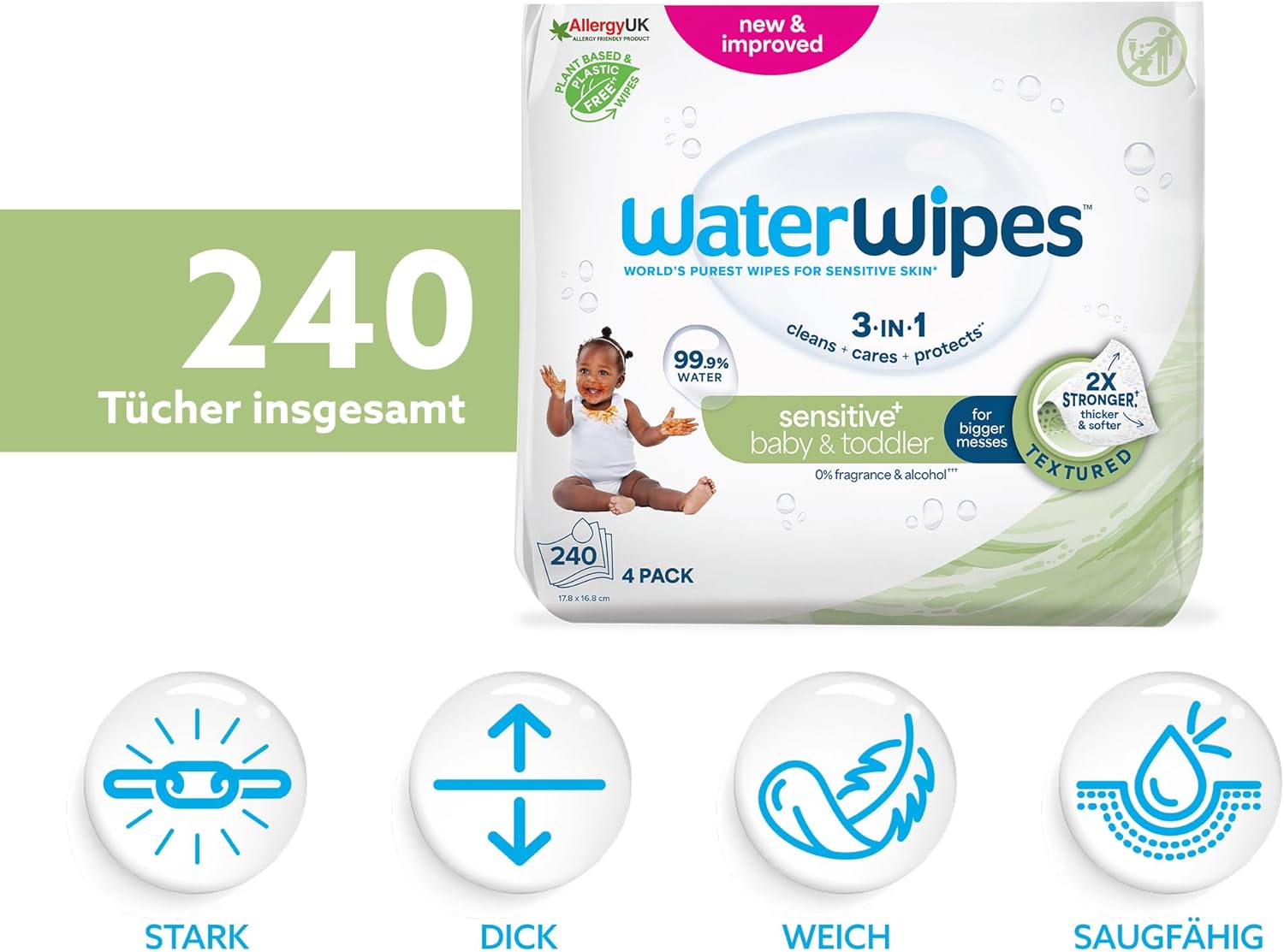 Thumbnail 1 de WaterWipes Sensitive+ Baby- & Kleinkind-Feuchttücher 4er Pack (240 Stück) – parfümfrei, 99,9 % Wasser