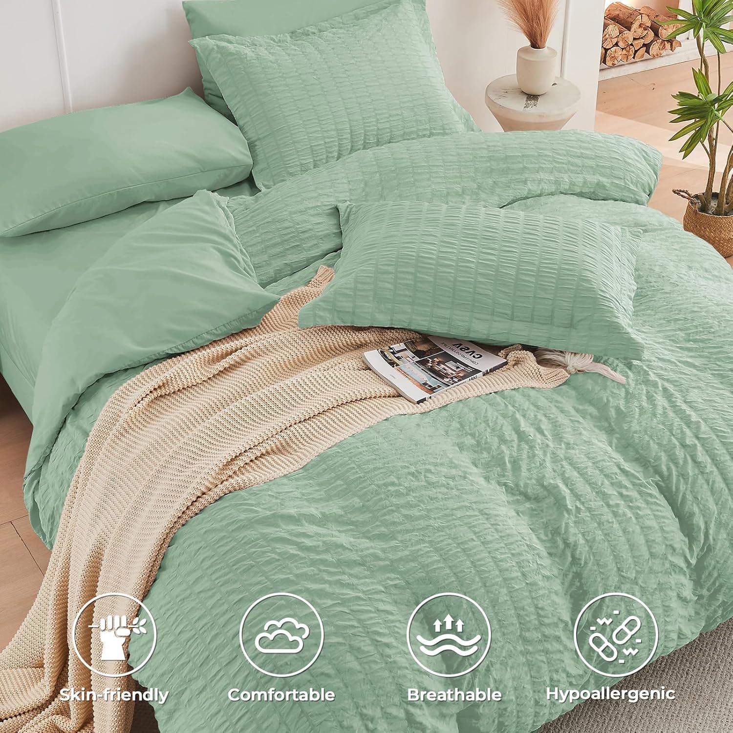 Thumbnail 2 de HYMOKEGE Sage Green Twin Seersucker 5-Piece Comforter Set