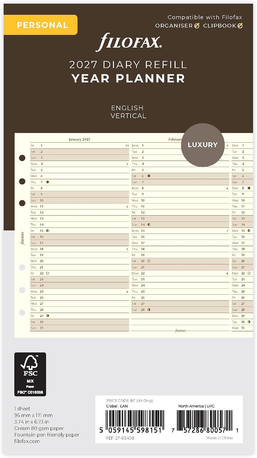 Detalle de Filofax 27-68408 persoonlijke verticale jaarplanner-navulling 2027