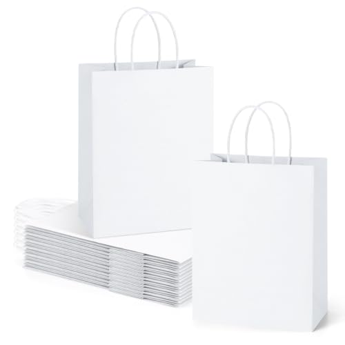 Detalle de Eupako Lot de 25 sacs cadeaux en papier kraft blanc, 21 x 11 x 27 cm – polyvalents et personnalisables