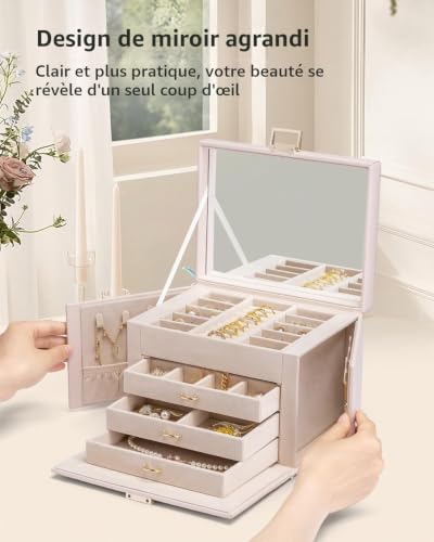 Thumbnail 6 de VLANDO Grande boîte à bijoux à 4 niveaux avec miroir et 8 crochets