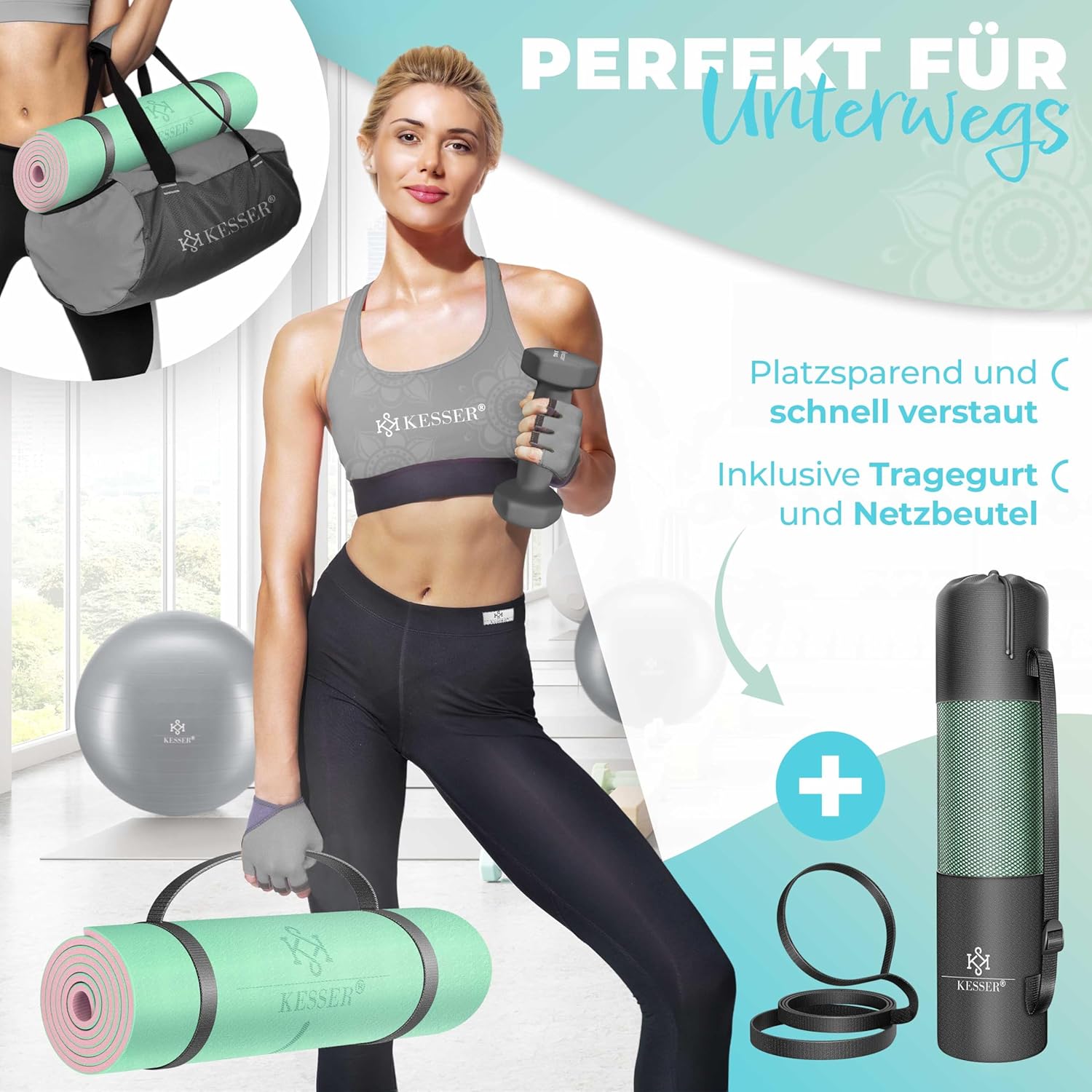 Thumbnail 4 de KESSER Gymnastikmatte mit Tragegurt – rutschfeste TPE Yogamatte 183 x 61 cm für Yoga, Pilates & Fitness