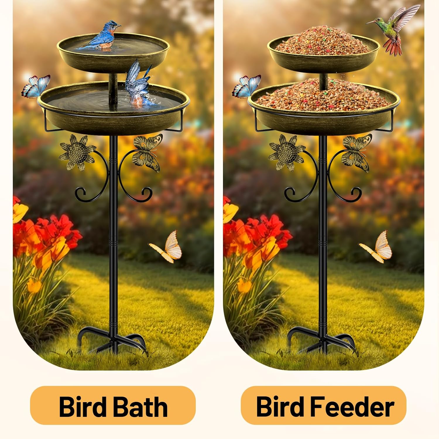 Detalle 2 de Metal Bird Bath for Outside, 42In Double Vintage Freestanding Birdbaths & Birdfeeder (Antique Golden)
