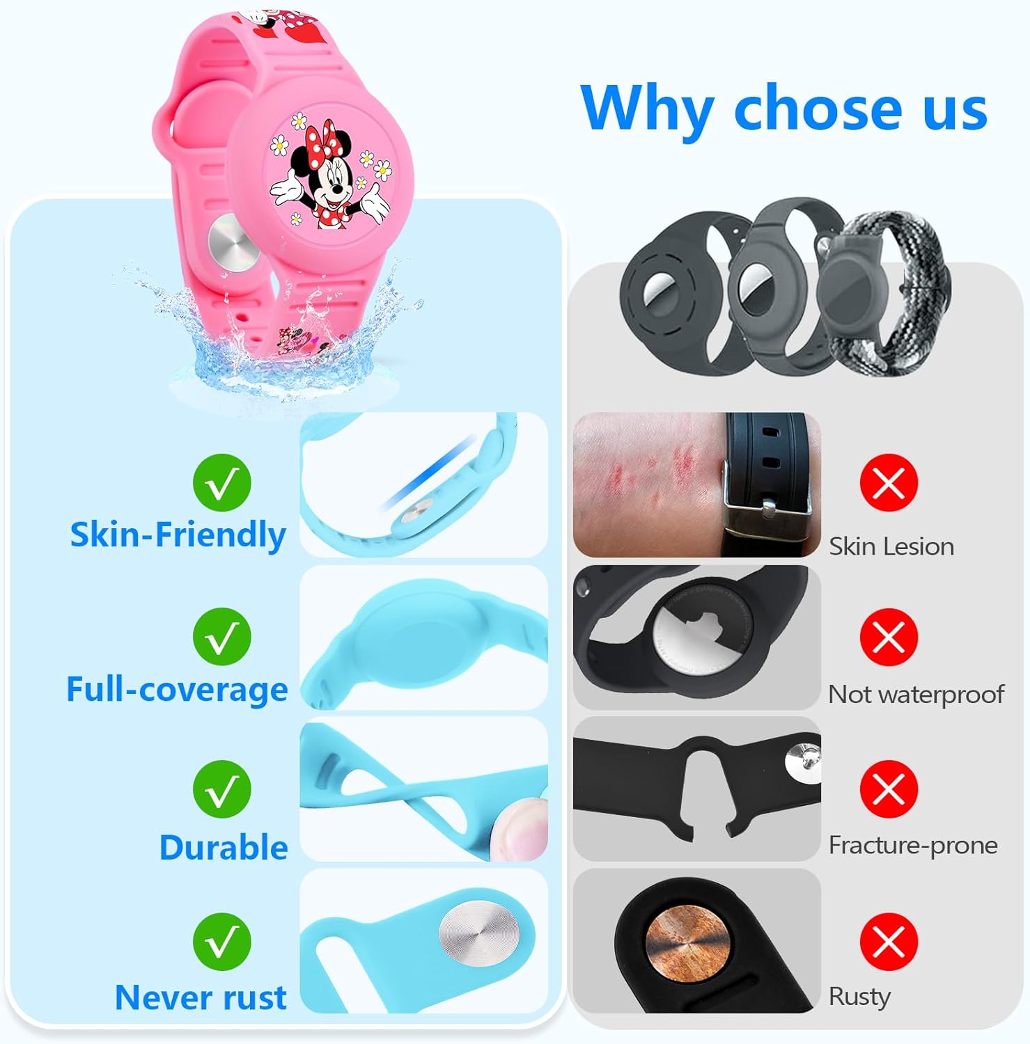Detalle 2 de Waterproof Airtag Bracelet for Kids – Cute Cartoon Silicone Wristband for Apple AirTag (Pink)