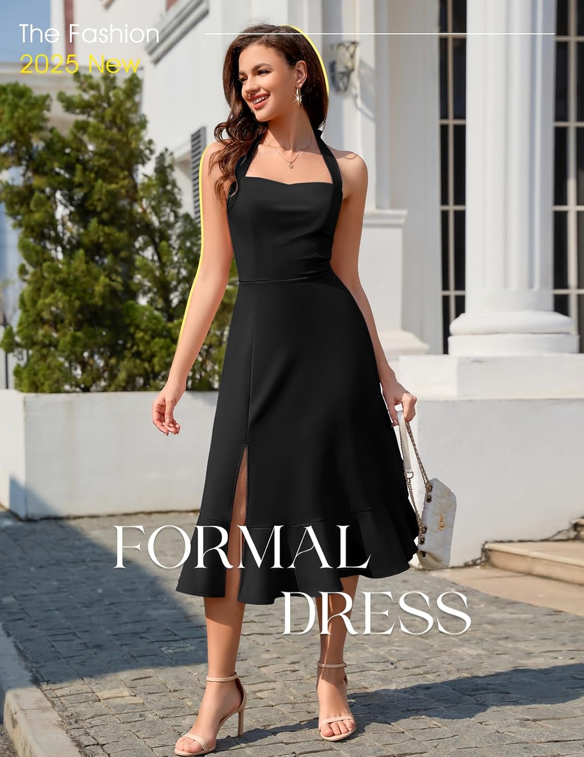 Thumbnail 4 de DRESSTELLS Women's Halter Cocktail Dress – Halter Neck Lace, Ruffle Layers & Split Hem