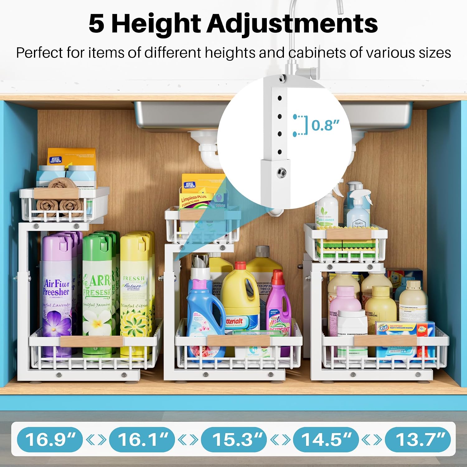 Thumbnail 4 de Jusdyrack 2-Pack Under-Sink Organizers, Adjustable 2-Tier Pull-Out Metal Shelves