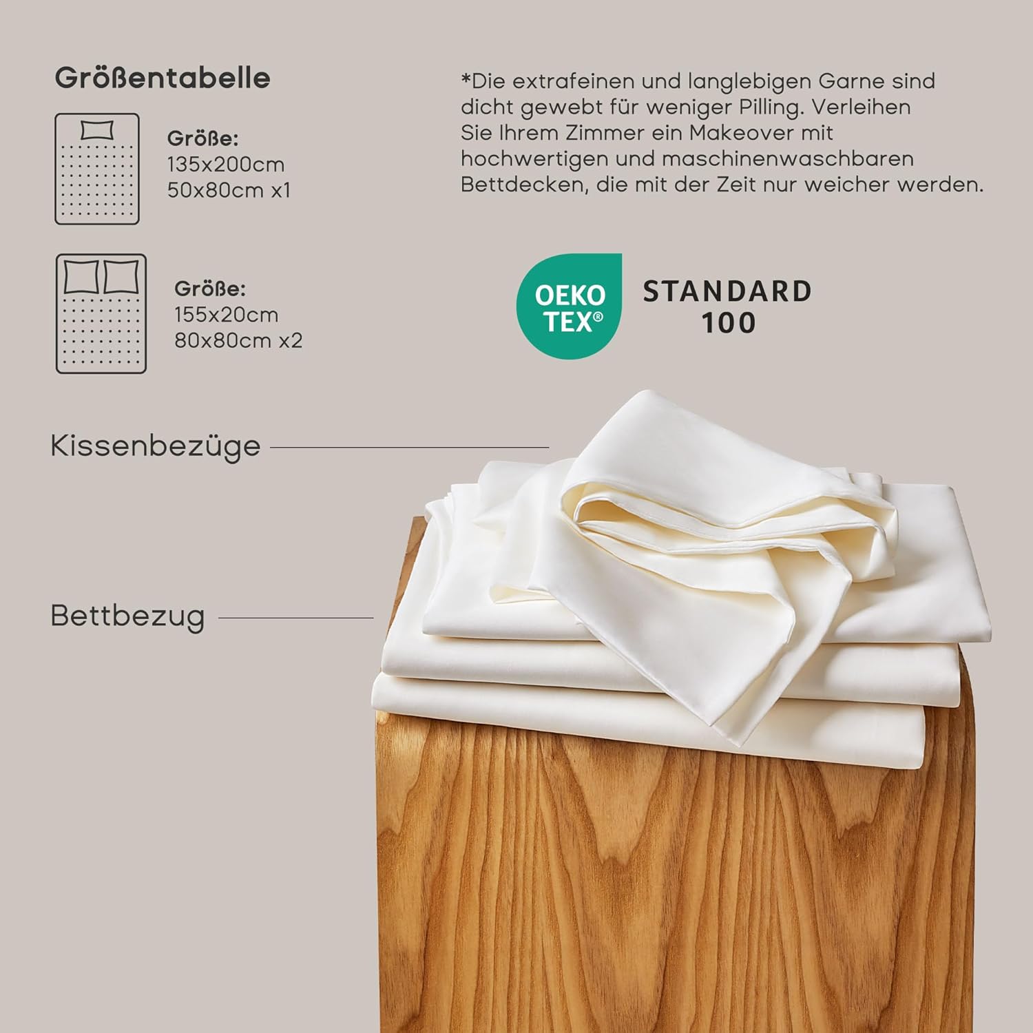 Thumbnail 3 de Ensemble housse de couette Sonive en satin de coton (400 fils) 155 x 220 cm, 2 taies 80 x 80 cm – Blanc