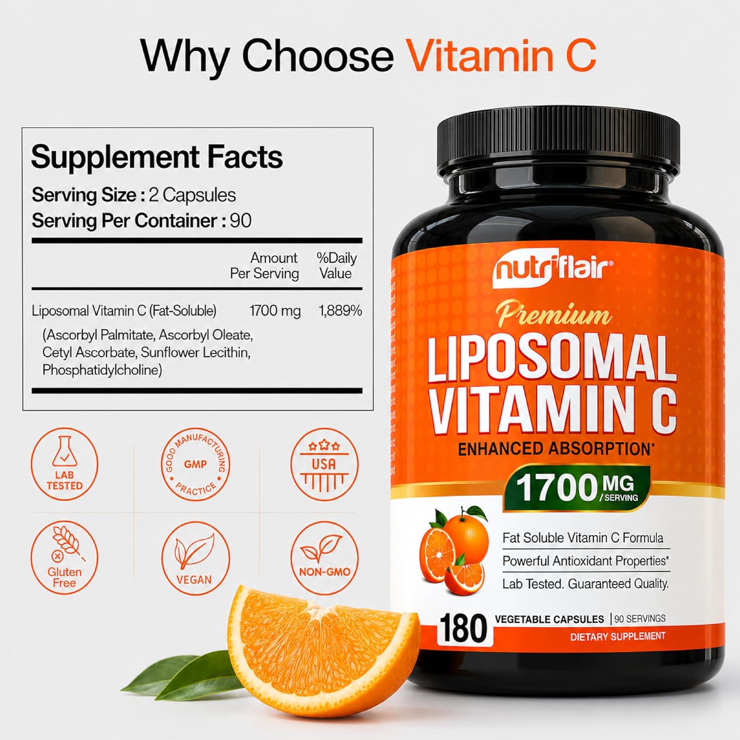 Detalle de NutriFlair LVC-1180 Liposomal Vitamin C, 1700 mg, 180 Capsules