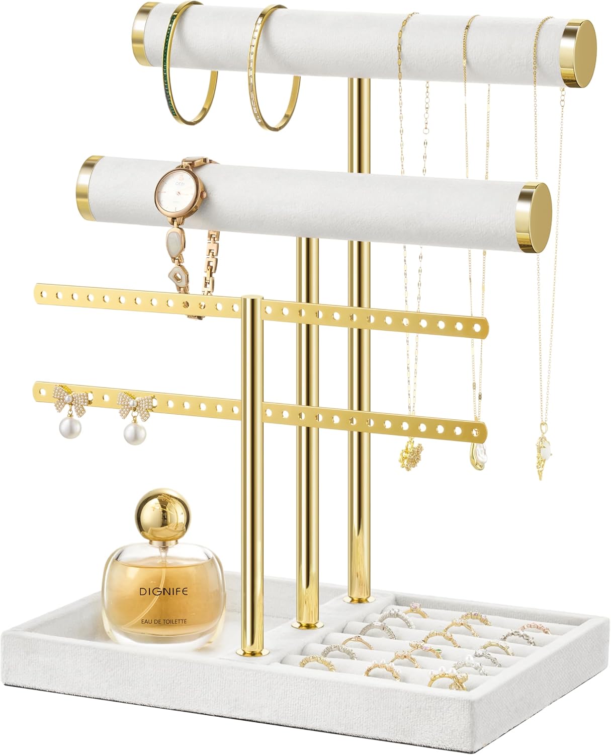 Detalle de Josmimic Schmuck Organizer mit 3 Ebenen in Beige – samtiger Armbandständer mit abnehmbarem T-Steg