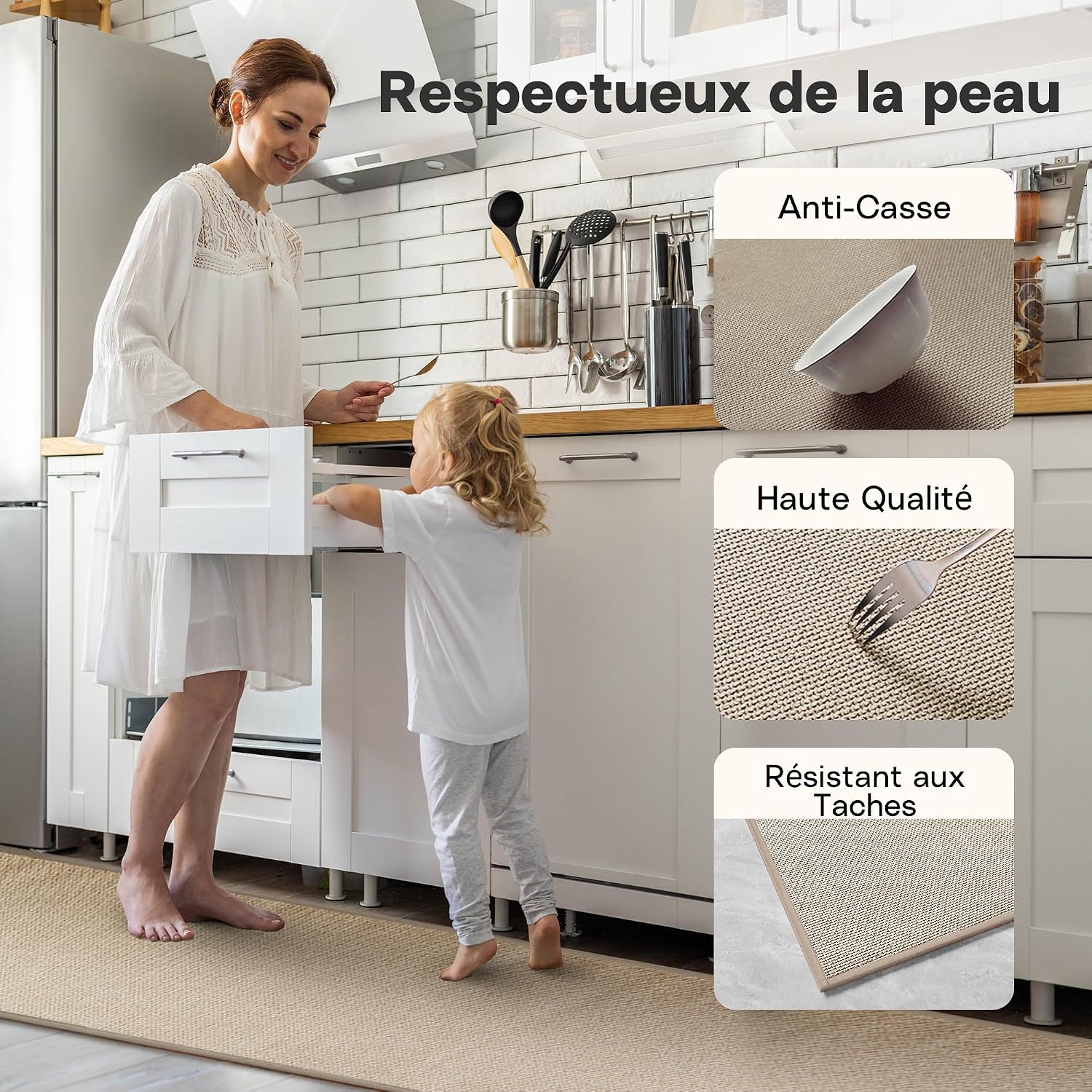 Thumbnail 4 de Tapis de cuisine long Mizuosre devant l’évier antidérapant et lavable 43,5 x 180 cm beige