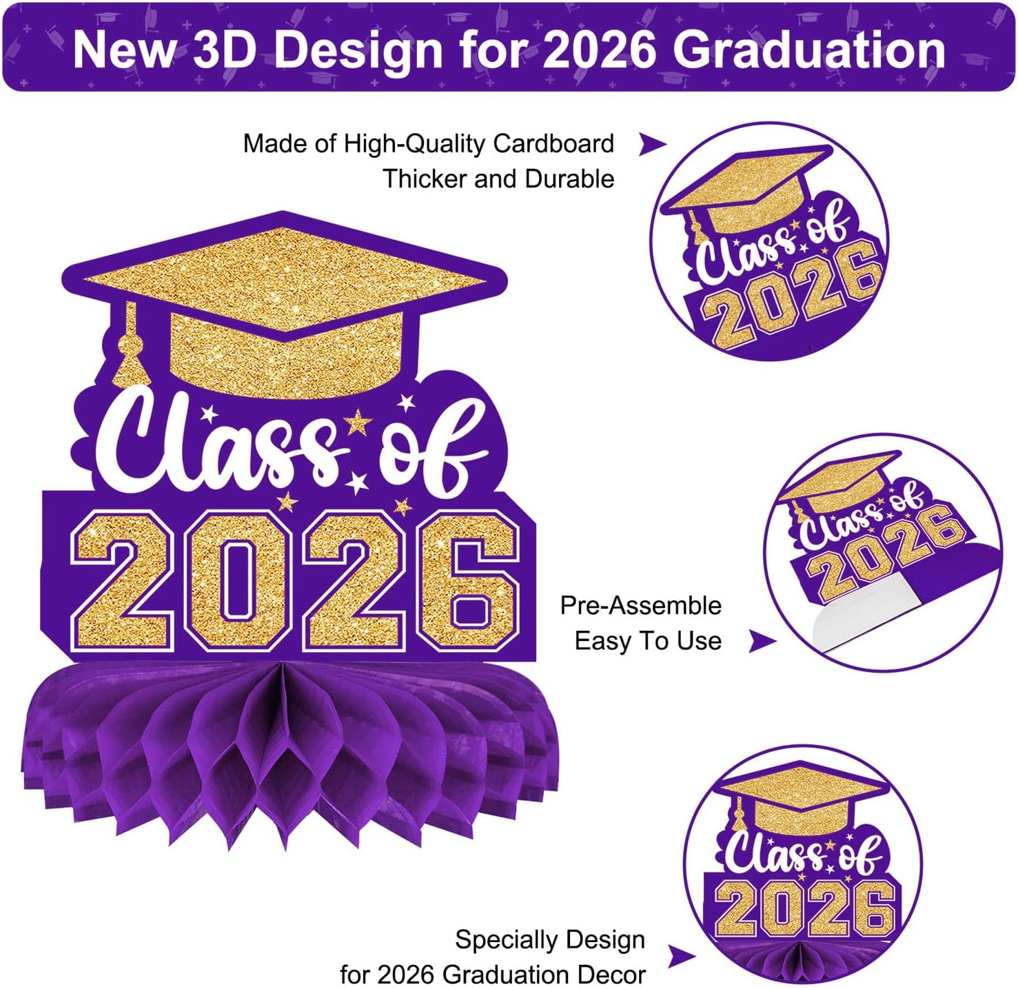 Thumbnail 3 de 8 Pieces Class of 2026 Graduation Table Decorations – Purple and Gold Honeycomb Centerpieces