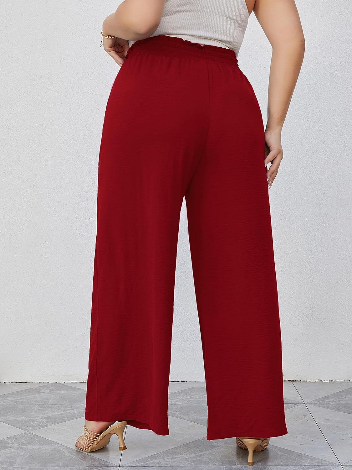 Detalle de AusLook Plus-Size Wide-Leg Palazzo Pants with High Waist, Tie and Pockets