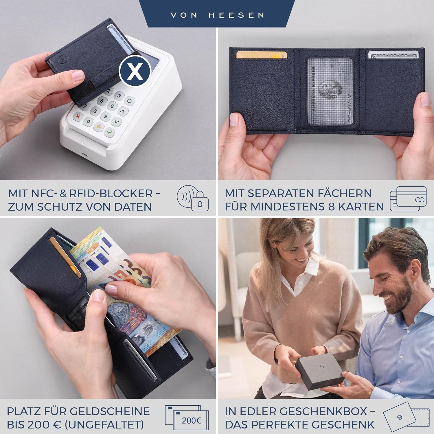 Thumbnail 1 de VON HEESEN Slim Wallet mit XL-Münzfach & RFID-Schutz – blaue Leder-Geldbörse für Karten