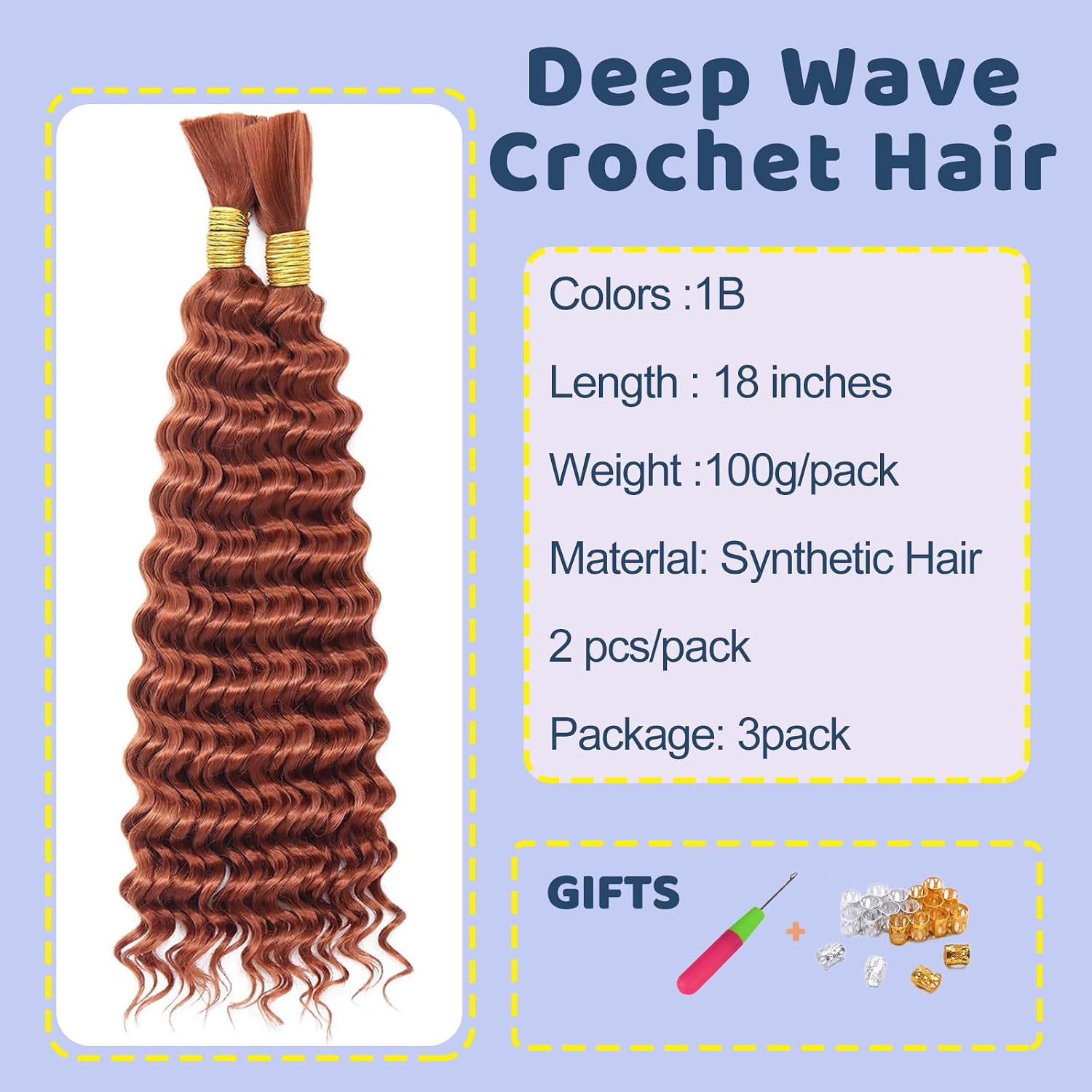 Thumbnail 1 de BLTYXT Deep Wave Bulk Hair 18 Zoll – 6 Bundles synthetische Braiding Hair mit Crochet Hook, Farbe 350