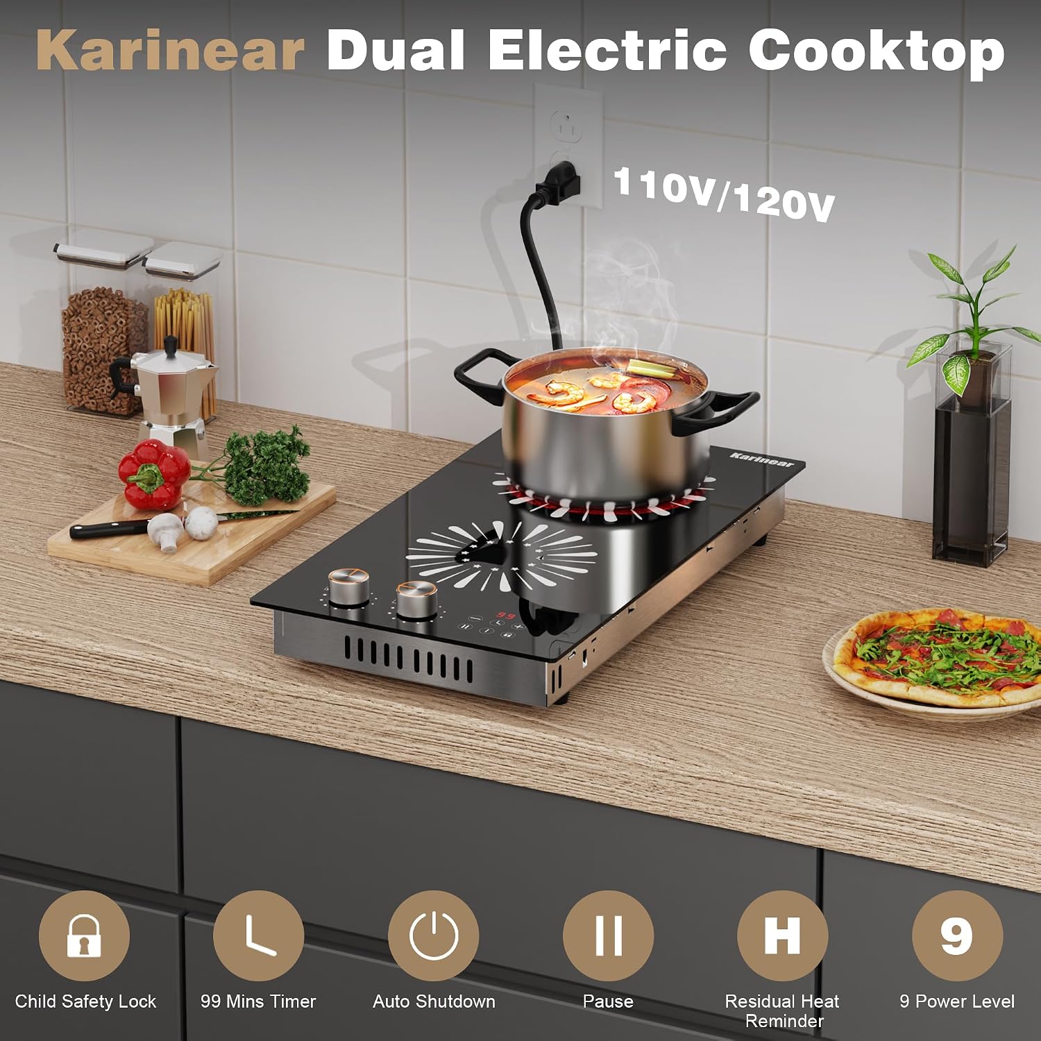 Detalle 2 de Karinear 12-Inch 2-Burner Electric Cooktop, 110–120V Plug-In, Glass-Ceramic