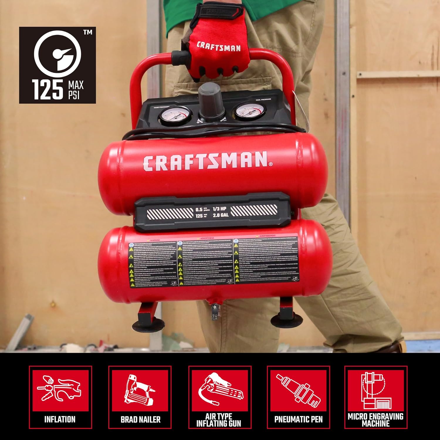 Thumbnail 1 de Craftsman 2-Gallon Air Compressor (1/3 HP, Oil-Free, Twin Tank, 125 PSI Max) for Home DIY