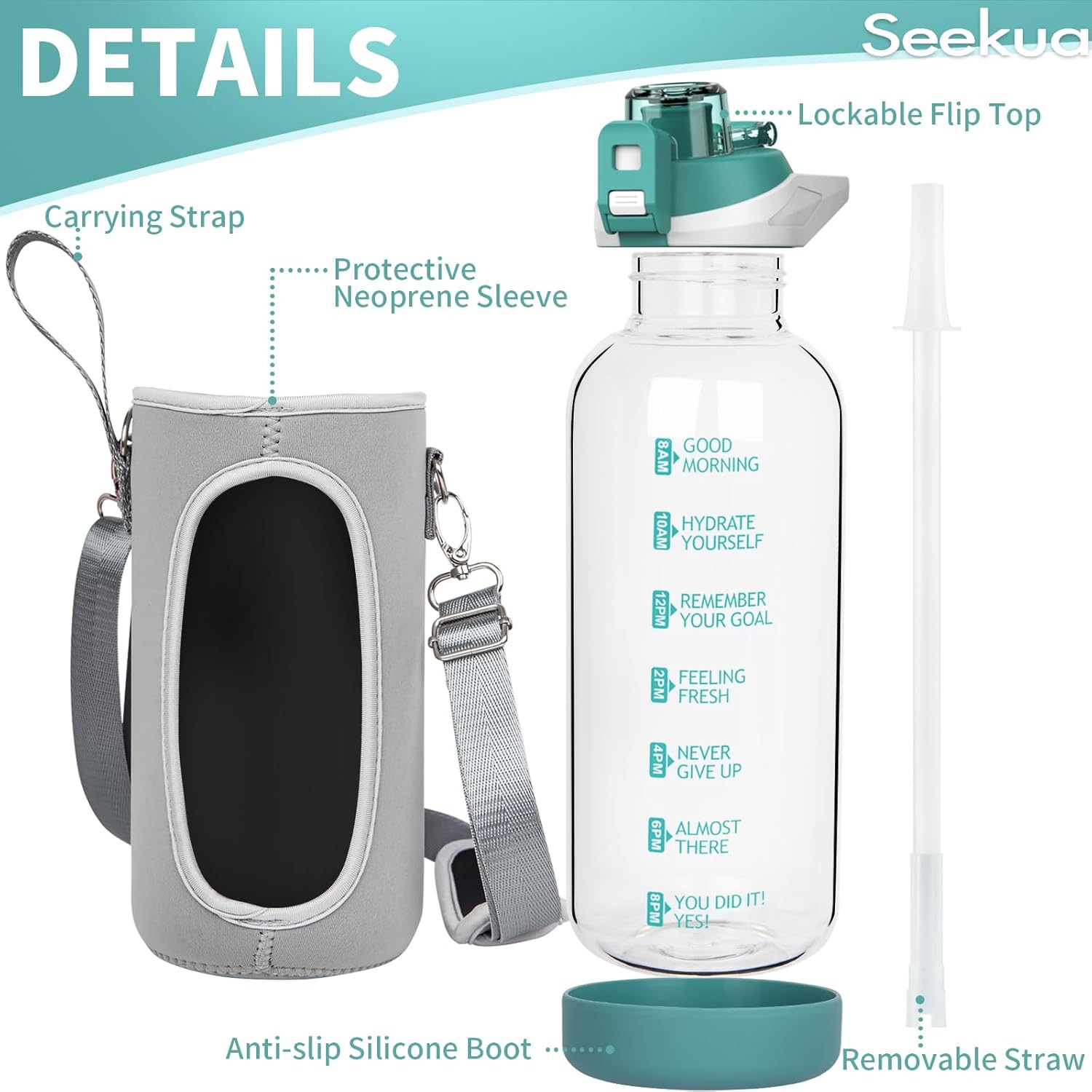 Thumbnail 2 de Seekua 2 Litre Large Glass Water Bottle with Straw & Time Markings – BPA Free & Leakproof