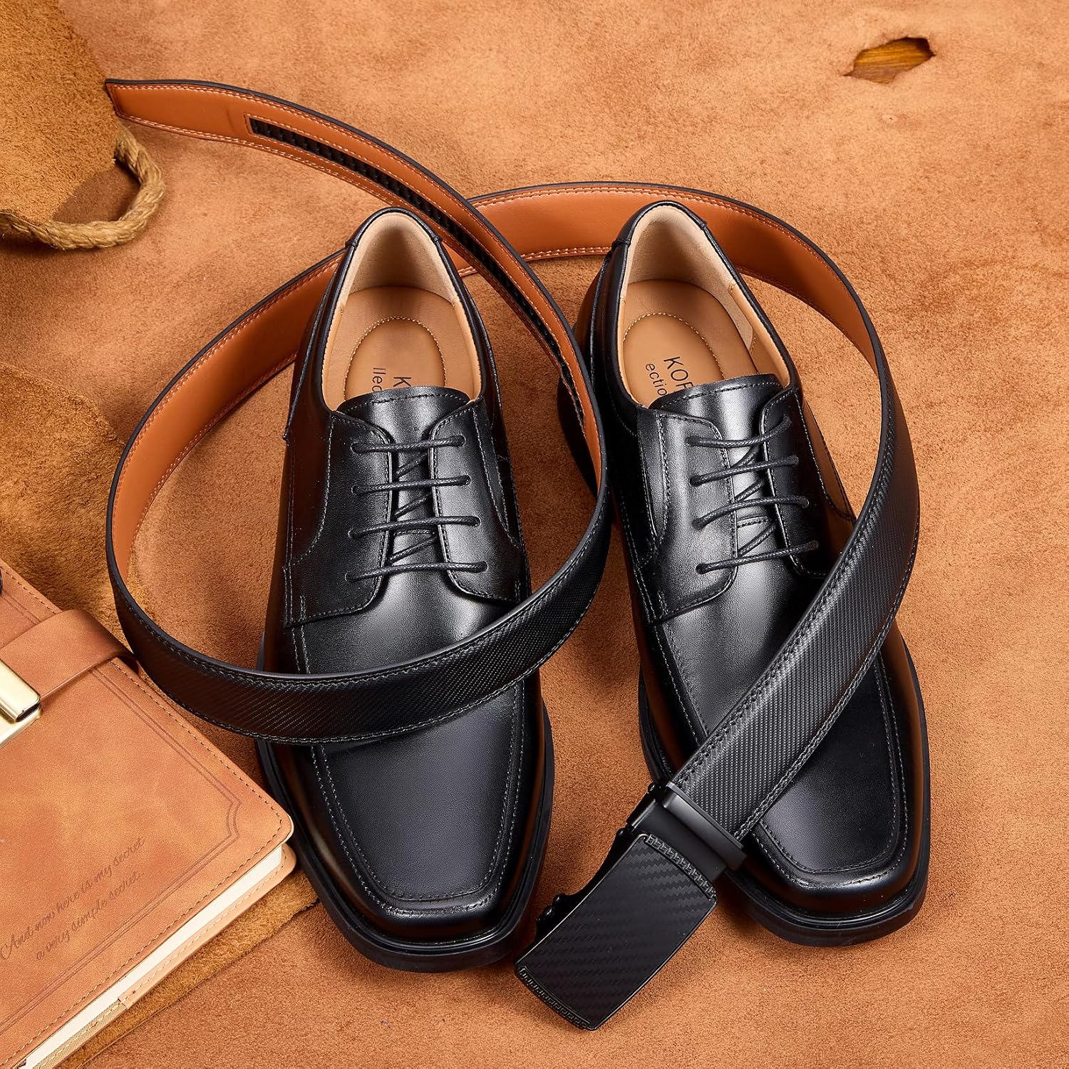 Detalle de VATAN Ceinture Homme Réglable à Cliquet en Cuir avec Boucle Automatique – Noir, 3,5 cm de largeur