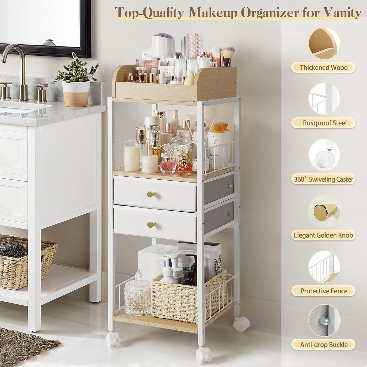 Detalle 1 de Bikoney Makeup Organiser with Drawers and Wheels