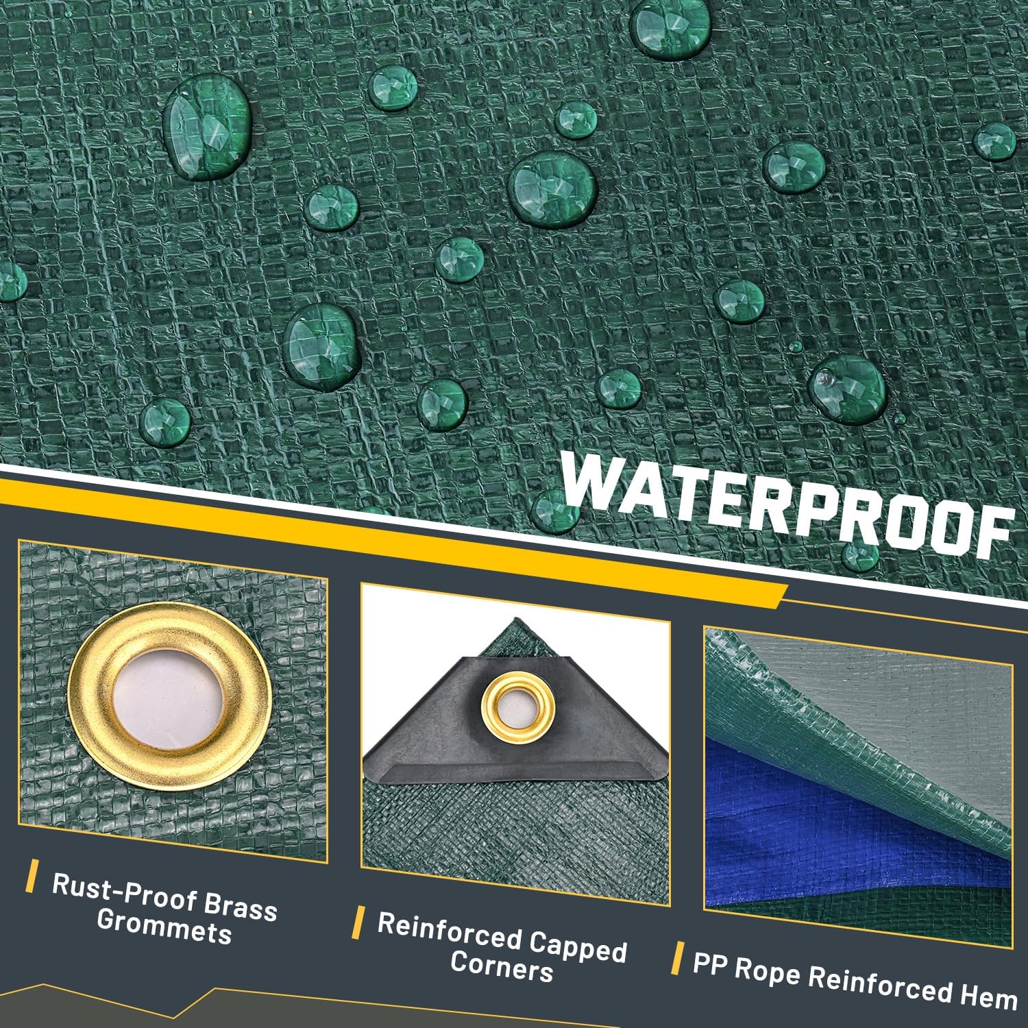 Detalle de Kesfitt 16 Mil Heavy Duty Waterproof Tarp (20x30 ft) – Dark Green & Blue Reversible Poly Tarp with Metal Grommets