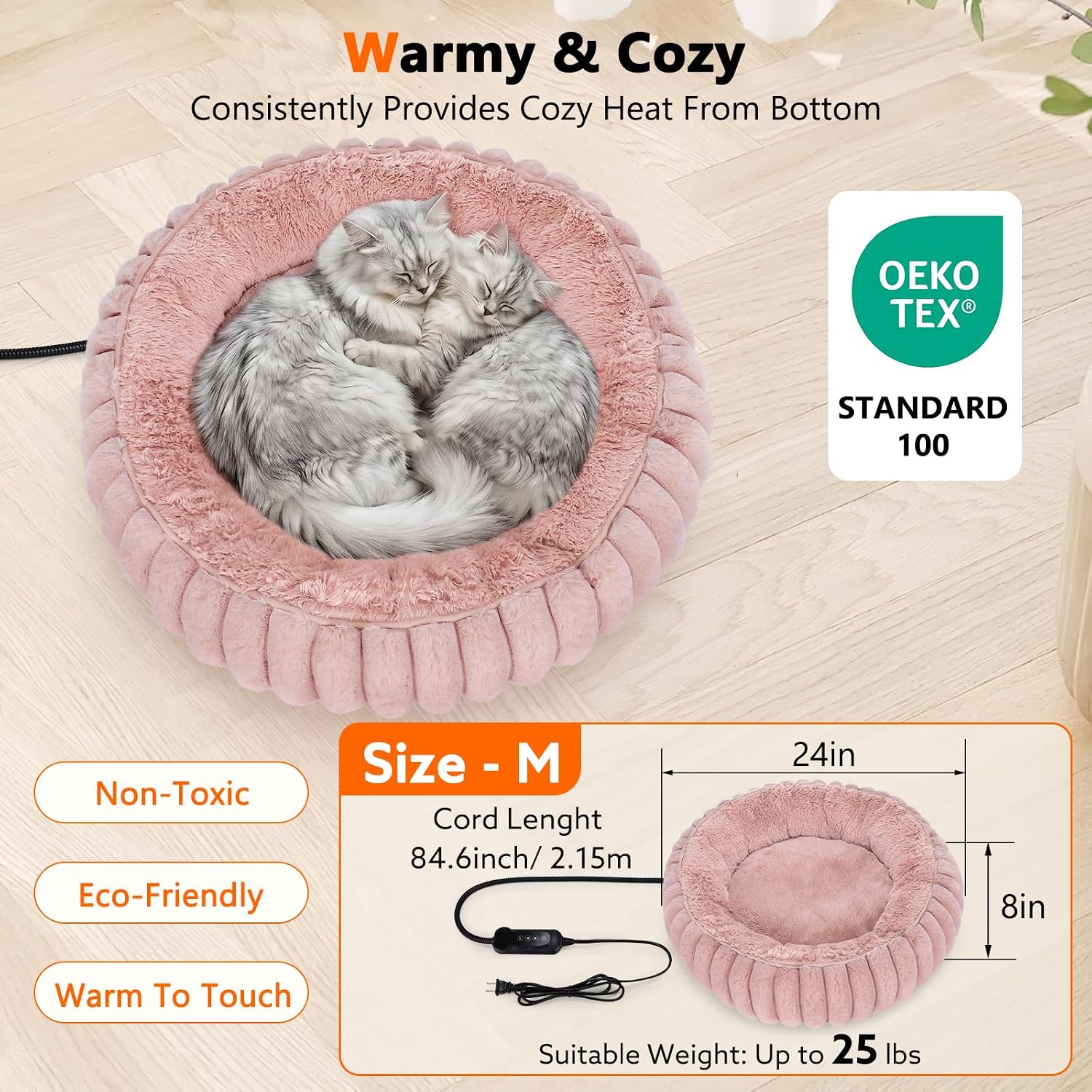 Detalle 1 de INVENHO TK-HPPD50T Heated Cat Bed, 24-Inch Donut with Adjustable Temperature