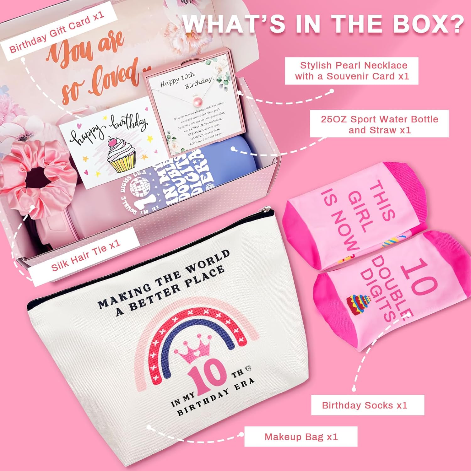 Thumbnail 1 de Awfrky 7-Piece 10th Birthday Gift Set for Girls (Tumbler, Pearl Necklace, Cosmetic Bag & more)