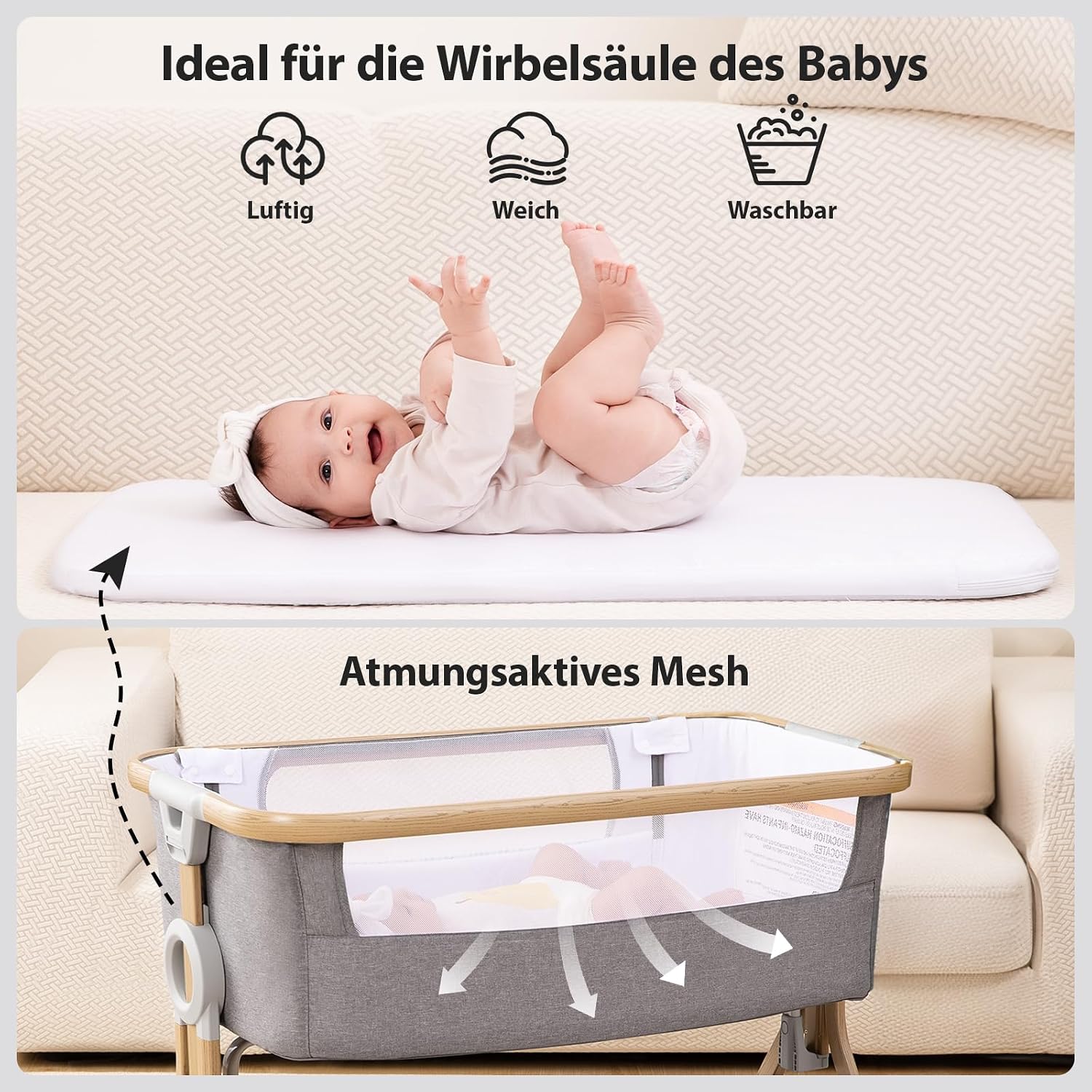 Thumbnail 6 de Larex Beistellbett Baby 3in1: Flexibles, sicheres System mit Moskitonetz und praktischer Ausstattung
