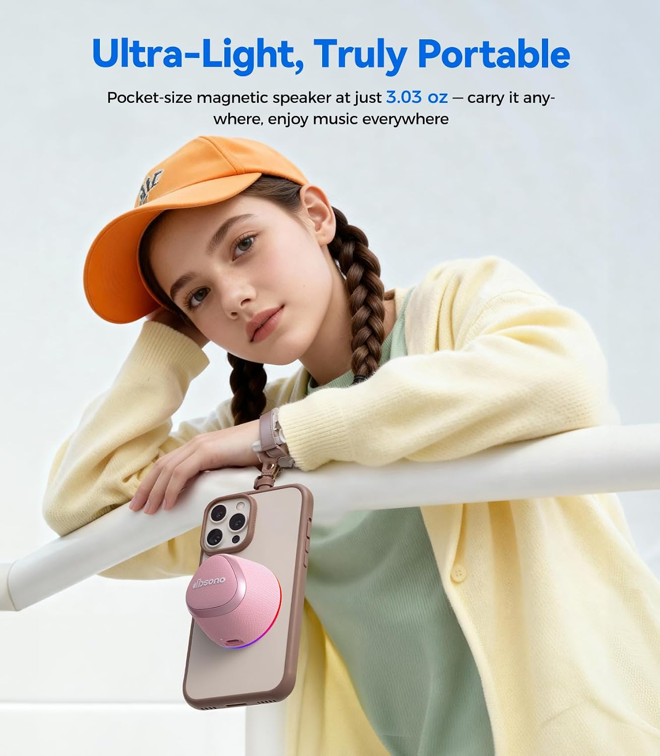 Detalle 2 de Portable 2-in-1 Bluetooth Speaker Phone Stand (Magnetic) with IPX5, 9 Light Modes & TWS – Rose Pink